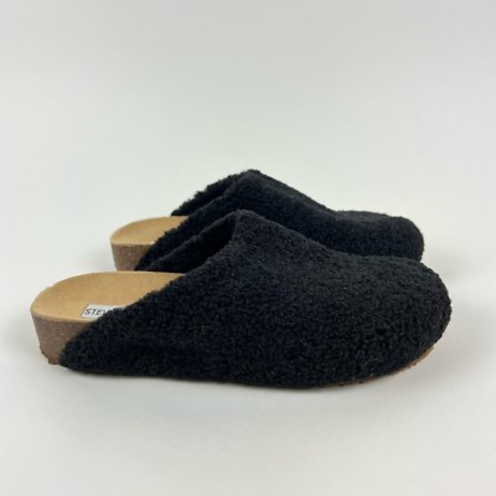Steve Madden Womens Vesa Slipper Mules Black Beige Slip On Round Toe Faux Fur 8